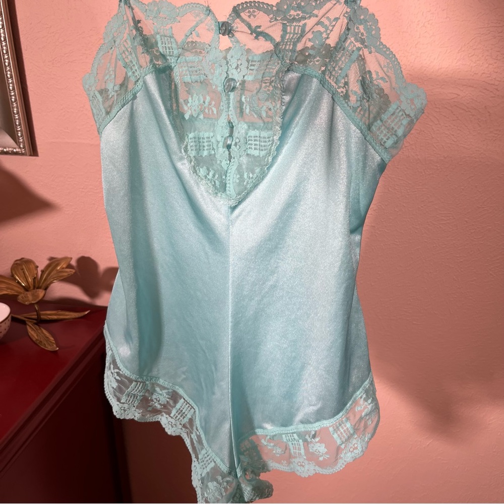 Vintage 40 50 Formfit Retro Blue Satin Lace Teddy Lingerie Romper fairycore Slip - Picture 3 of 17